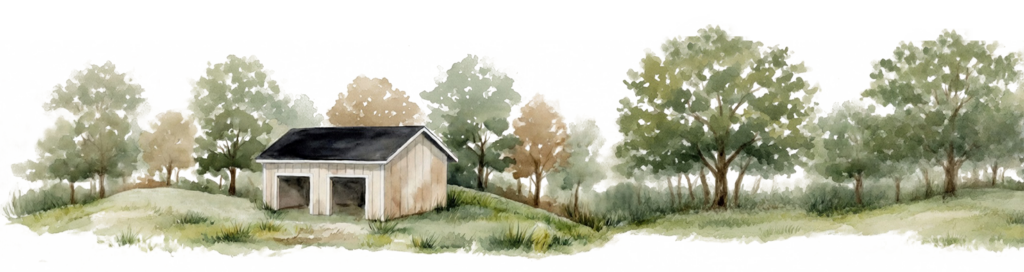 Yellow equine run-in shed with two openings in a pasture with trees in the background; watercolor style