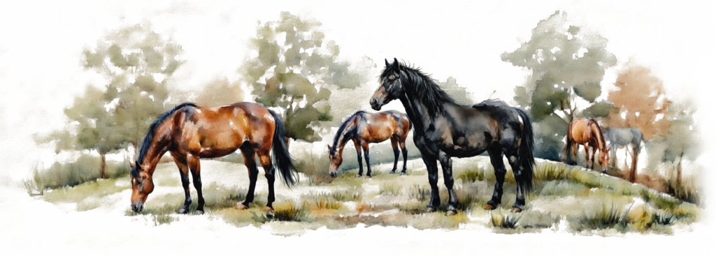 Jet Crossing, an off-the-track Thoroughbred, grazing in the pasture with other horses standing and grazing around him; watercolor style