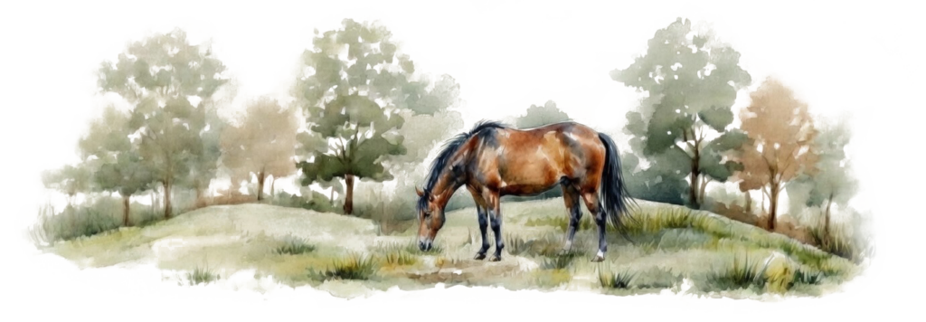 Jet Crossing, an off-the-track Thoroughbred, grazing in a field with trees in the background; watercolor style