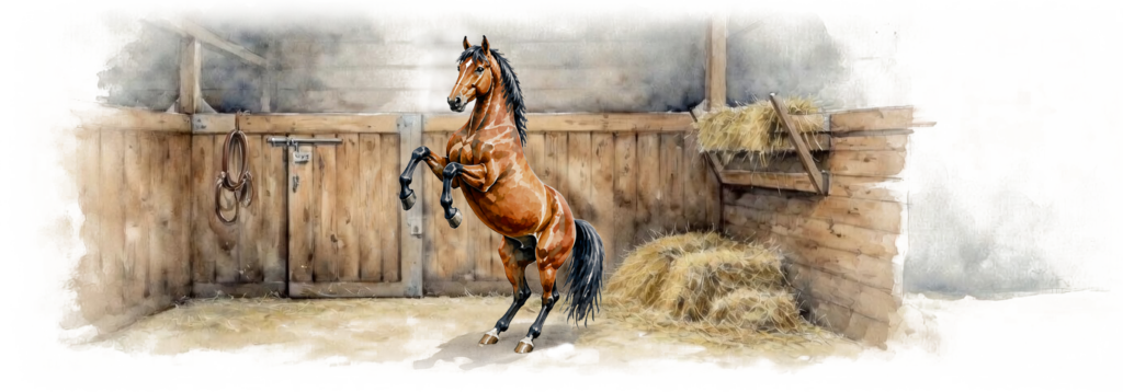 Jet Crossing, an off-the-track Thoroughbred, rearing in his stall; watercolor style