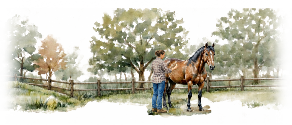 Jet Crossing, an off-the-track Thoroughbred, standing in the pasture with a fence and trees in the background while Kerry brushes him; watercolor style